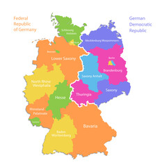 Germany map divided on West and East map, administrative division, separate regions with names, color map isolated on white background vector