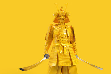 Japanese samurai warrior in full armor with helmet, mask and katana. 3D Rendering