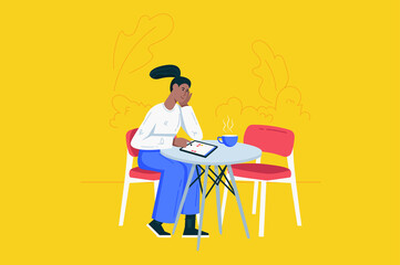 People sit in gadgets modern flat concept. Happy woman browsing feed and posts in social media from mobile phone while sitting at cafe. Vector illustration with character scene for web banner design