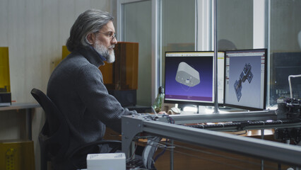 Mature man with gray hair and bread sitting at desk and creating 3D model on computer near coworker in modern design studio