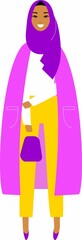 Vector colorful illustration of arab women in modern clothes hijab. Young beautiful islamic saudi arabic girls in smart casual clothes.