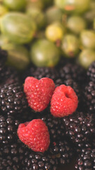 Summer fruity berry background. Table with berries and fruits. Summer breakfast, vacation, morning, sun. Berries, raspberries, blackberries, gooseberries. Vase with berries and fruits. 