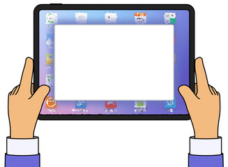 Cartoon male hands hold tablet on isolated white background with pop up window on display. Hands use tablet mockup. Vector push notification Illustration 