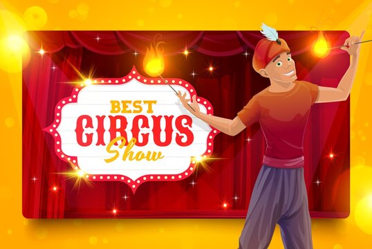 Shapito circus cartoon fire eater performer on stage. Vector circus artist character on big top tent arena. Fakir wear turban and carnival bright costume performing magic show on scene with curtains