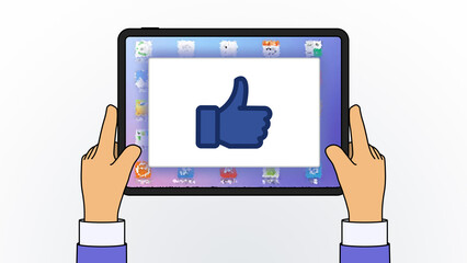 Cartoon male hands hold tablet on white gradient background, pop up window with new like notification icon on display. Hands use tablet mockup. Horizontal banner push Illustration thumb up reaction 