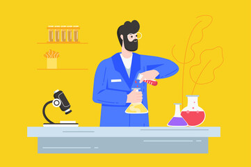 Scientist works in science laboratory modern flat concept. Male researcher pours liquid from tube into flask and conducts test in lab. Vector illustration with people scene for web banner design