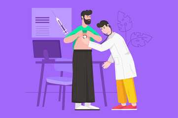 Medical clinic and healthcare service modern flat concept. Doctor listens to patient's lungs via stethoscope, diagnostics and appointments. Vector illustration with people scene for web banner design