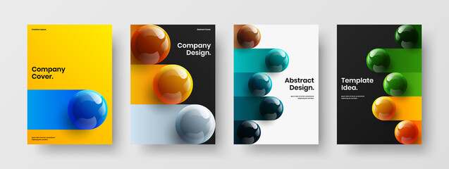 Amazing 3D spheres placard template set. Multicolored pamphlet A4 vector design layout collection.