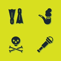Set Flippers for swimming, Spyglass telescope lens, Skull on crossbones and Smoking pipe icon. Vector