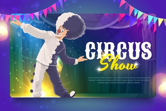 Shapito circus cartoon smiling clown performer on stage. Vector flyer with funny man character dance, invitation to big top magic show, carnival with funster or jester in bright costume on scene