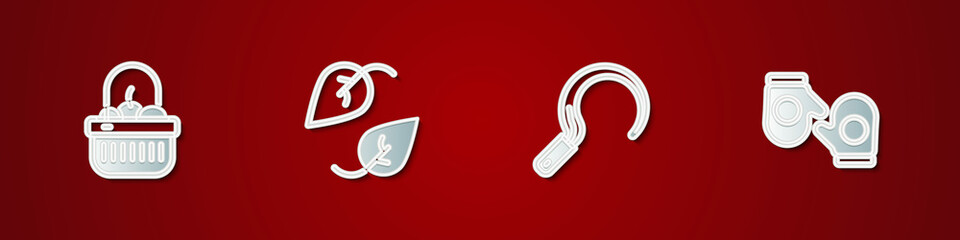 Set Basket and food, Leaf, Sickle and Christmas mitten icon. Vector