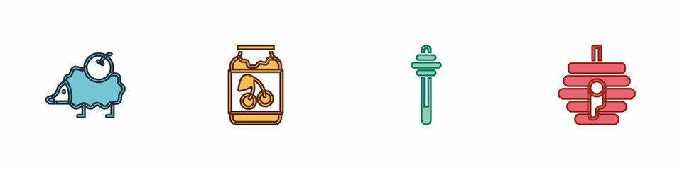 Set Hedgehog, Jam jar, Honey dipper stick and Hive for bees icon. Vector