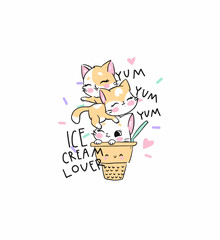 Vector illustration. Cute kittens in an ice cream cup. Inscription : ice cream lover. Handdraw graphics. Can be used as a print for children's clothing 