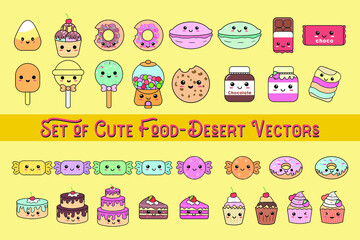 Set of Cute Kawaii Food Desert Vectors, Breakfast, food, Nutella, cake, pastry, donut,chocolate, lollypop, sushi