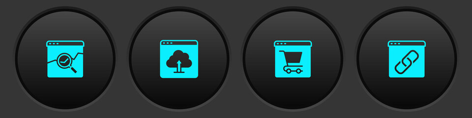 Set Website with stocks market, Cloud upload, Online shopping on screen and Browser window icon. Vector