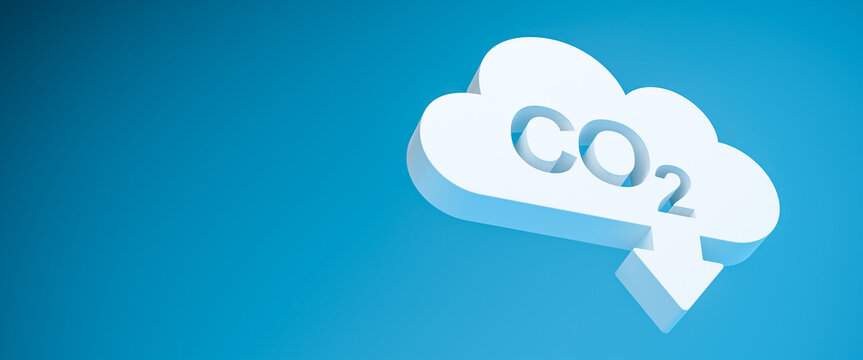 CO2 reduction concept. A cloud shaped object with the word CO2 punched out and an arrow pointing down in front of a blue background. Web banner format