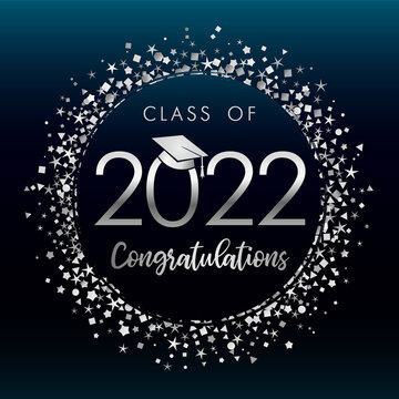 2022 graduates silver glitter confetti label on darck blue background. Graduation class of 2022 vector image with square academic cap for congratulation ceremony