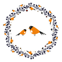 Wreath of flowers and birds on a branch. Abstract floral design. 