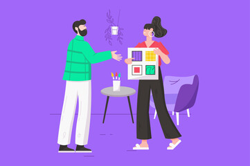 Designer working at design studio modern flat concept. Team of illustrators discussing palette with abstract geometric shapes for new project. Vector illustration with people scene for web banner