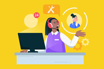 Call center and customer support modern flat concept. Woman operator in headphones works on hotline, advises clients on phone around clock. Vector illustration with people scene for web banner design