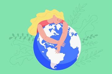 Earth day holiday celebration modern flat concept. Woman hugging and expresses love to planet. Environmental protection and eco activism. Vector illustration with people scene for web banner design