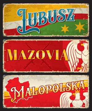 Lubusz, Mazovia, Malopolska polish voivodeship plates and stickers. Vector vintage travel banners with Poland touristic landmarks, territory map, flag, heraldic eagles, stars and swords aged signs