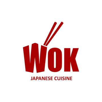 Wok box icon, Chinese and Japanese cuisine wok and sticks. Vector red and white colored symbol for asian restaurant with traditional bamboo chopsticks, isolated icon