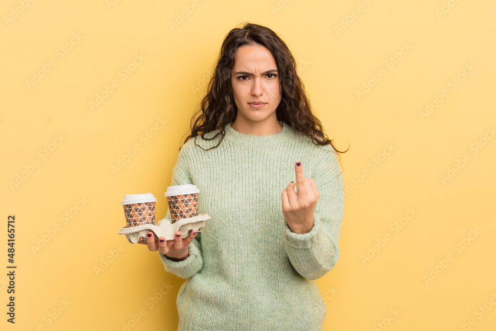 Wall mural young pretty hispanic woman feeling angry, annoyed, rebellious and aggressive. take away coffee concept