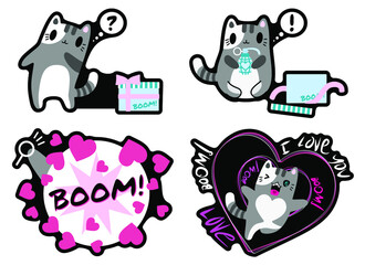 Comix Valentine's Day. Cute cat, love concept. Symbol of heart, gift and stickers. Funny animal for a postcard. Vector cartoon hand drawn. 
