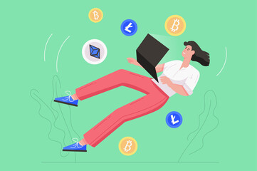 Cryptocurrency and crypto mining modern flat concept. Man buys and sells bitcoins using laptop, analyzes financial data and increase income. Vector illustration with people scene for web banner design