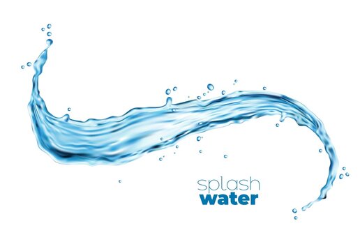 Transparent water wave splash and flow with drops and bubbles. Isolated vector blue liquid, clean aqua or clear drinking water stream. Realistic 3d water flow with ripple surface and droplets