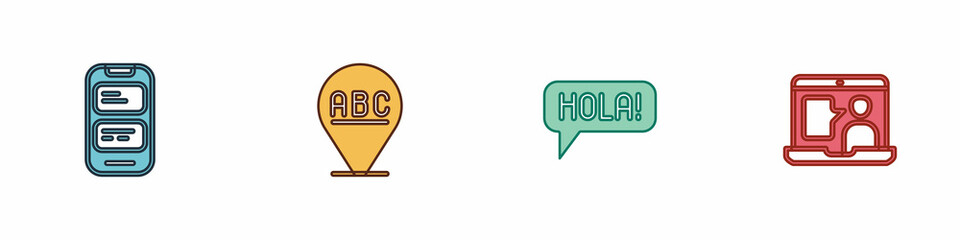 Set Online translator, Alphabet, Hola different languages and Foreign online study icon. Vector © vector_v