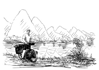 Vector sketch of long distance cyclist cycling on background of karst mountain landscape, Hand drawn illustration