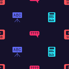 Set Exam sheet, Chalkboard, Speech bubbles with Question and Video subtitles on seamless pattern. Vector