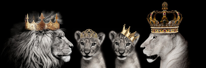 Royal lions, Primal kingdom , Lion with crowns, Royal Family, Royal Family Lions - obrazy, fototapety, plakaty