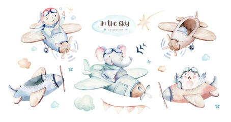 Watercolor set baby cartoon cute pilot giraffe, elephant with koala, bear and bird aviation sky transport complete with airplanes balloons, clouds. childish Boy pattern. baby shower illustration