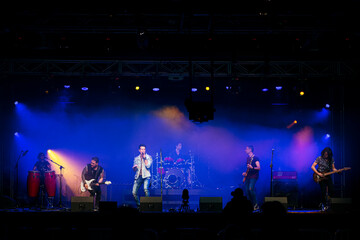 Rock group performing before the audience at a live concert.