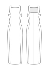 Fashion technical drawing of fitted sleeveless dress with high slit