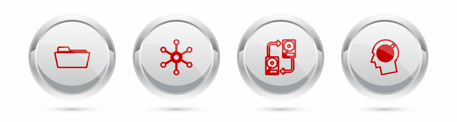 Set line Folder, Network, Data exchange with hhd and Head hunting concept. Silver circle button. Vector