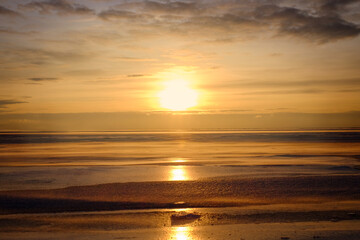 Sunset and frozen sea. Winter arctic landscape