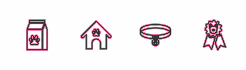 Set line Bag of food for pet, Collar with name tag, Dog house and paw print and award symbol icon. Vector