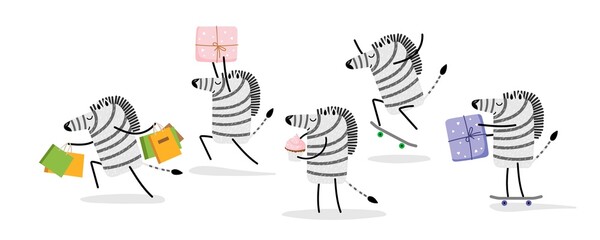 Happy zebra set. Cartoon funny zebra. Zebra dances, goes to visit, shopping, rides skate. Vector illustration on white background For nursery, bedroom decor, greeting card, poster,congratulations.