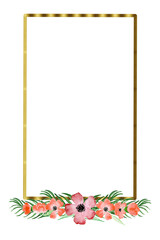 Gold frames with watercolor bouquets of flowers,peonies,poppies,orchids,roses, for Valentine's Day greeting cards, invitations,for design works,needlework and hobbies.