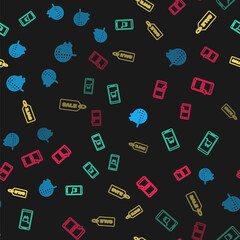 Set line Shopping cart with globe, Mobile and shopping, Price tag Sale and on seamless pattern. Vector