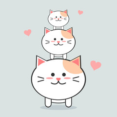 Three cute lovely white cat with pink heart sticker flat vector icon.