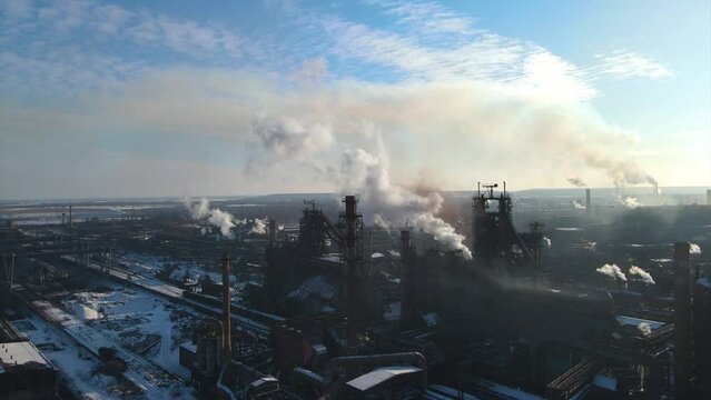 Metallurgical plant smoke from the chimneys video filming from a drone