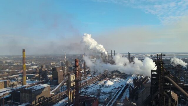 Metallurgical plant smoke from the chimneys video filming from a drone