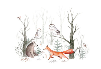 Woodland animals set. Owl, hedgehog, fox and butterfly, Bunny rabbit set of forest squirrel and chipmunk, bear and bird baby animal, Scandinavian Nursery wolf watercolor kids poster design - 484168304