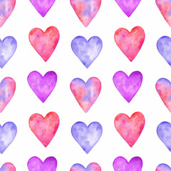 Seamless watercolor pattern with colorful hearts.Red,blue and violet hearts isolated on white background.For birthday,valentine's day.