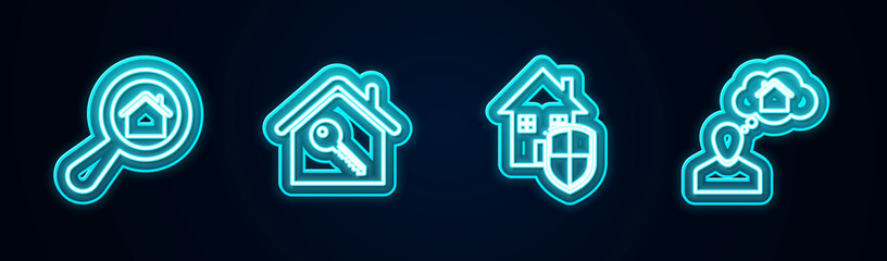 Set line Search house, House with key, under protection and Man dreaming about buying. Glowing neon icon. Vector